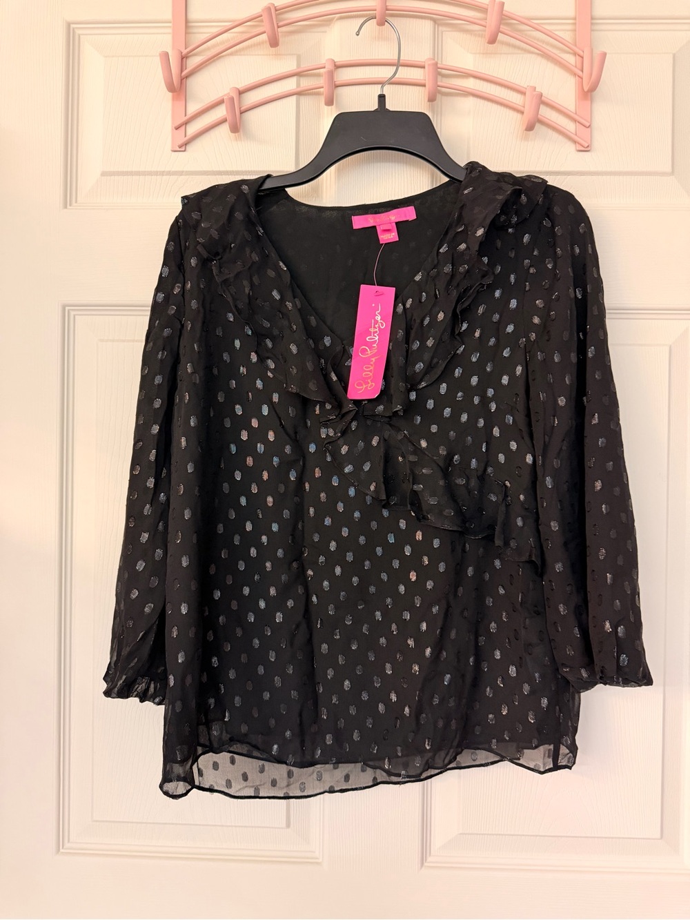 Lilly Pulitzer Black Ruffle V-Neck Blouse with Silver Dot Print